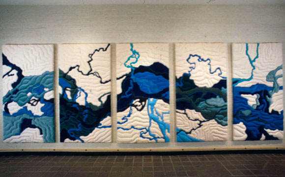 quilted panel installation depicting the Tanana River and its tributaries